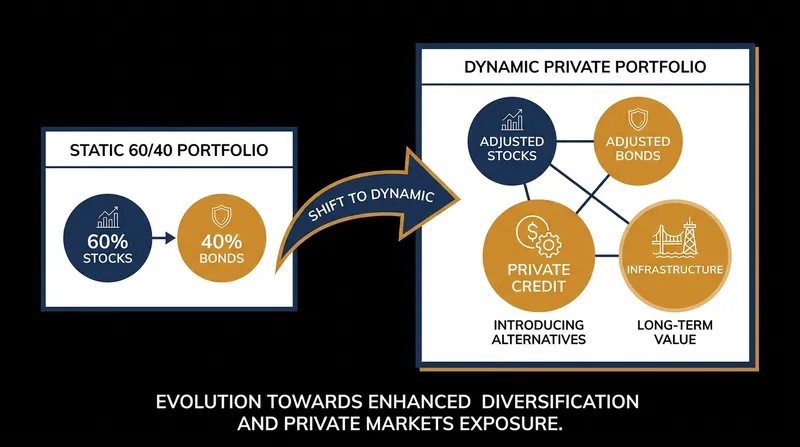 The structural shift from public equities and bonds to dynamic private allocations.