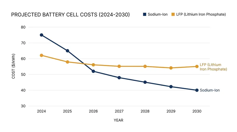 As mass production scales, sodium-ion cell costs are projected to undercut lithium iron phosphate (LFP) by 2027.
