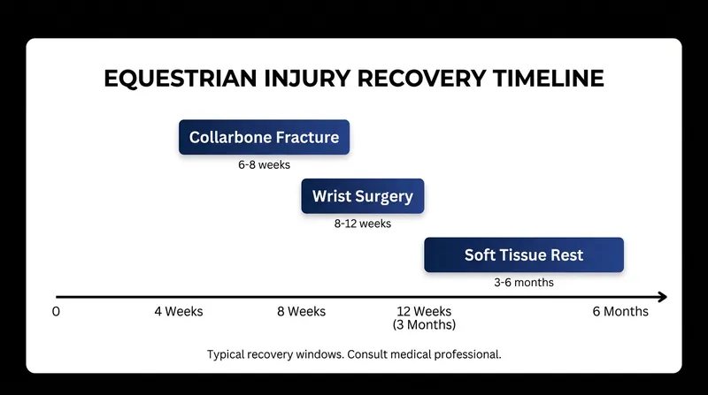 Standard rehabilitation timelines dictate the pace of return for both human and equine athletes.