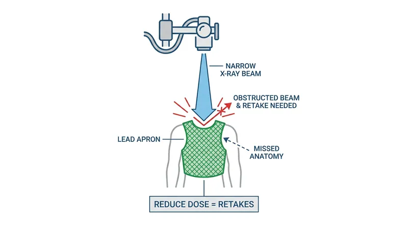 Protective shields can inadvertently block the primary X-ray beam, forcing a retake that doubles the patient's radiation exposure.