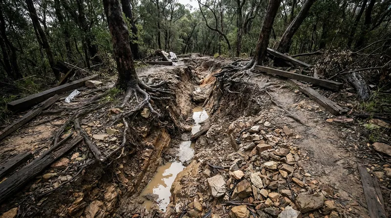 Without regular maintenance to clear water bars, seasonal rains quickly erode dirt paths into rocky trenches.