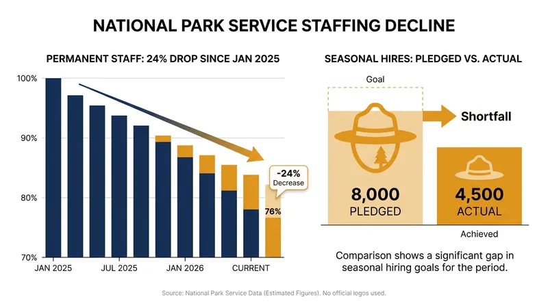 The National Park Service has seen a 24% reduction in permanent staff alongside a significant shortfall in seasonal hiring.