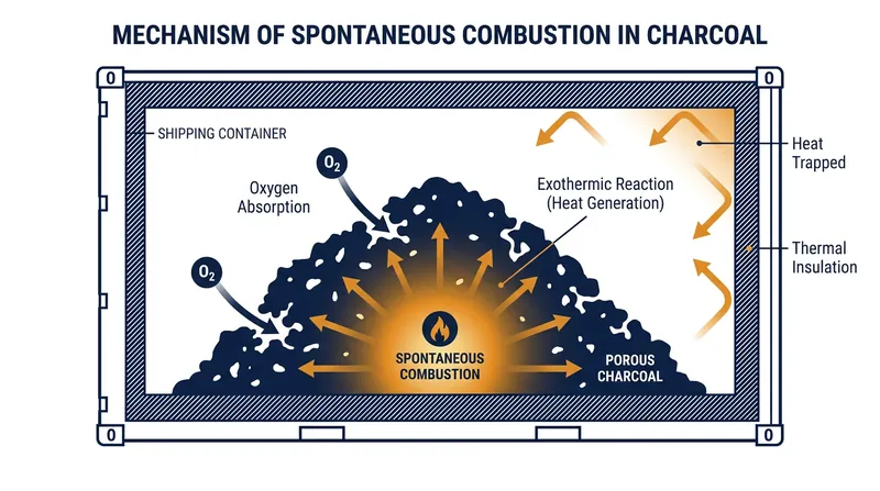 How trapped heat from oxidation leads to spontaneous combustion inside a sealed shipping container.