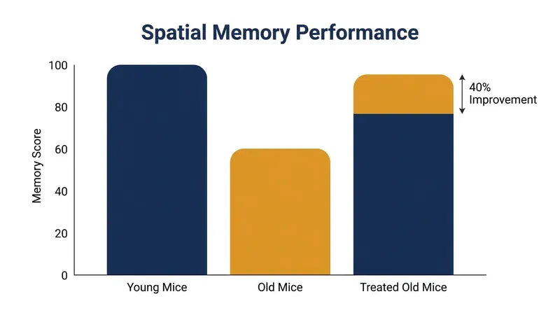 Treated aged mice showed a 40% improvement in spatial memory, performing similarly to young mice.