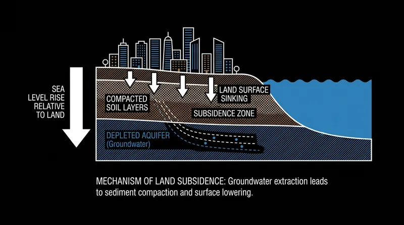 How it works: Excessive groundwater extraction empties subterranean aquifers, causing the porous geological layers to compress and the land surface to sink.