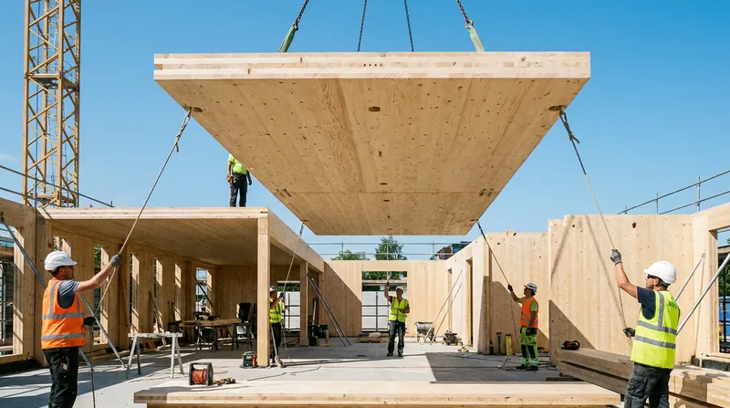 Prefabricated CLT panels arrive on-site with pre-cut openings, allowing buildings to be assembled up to 35% faster than traditional concrete structures.