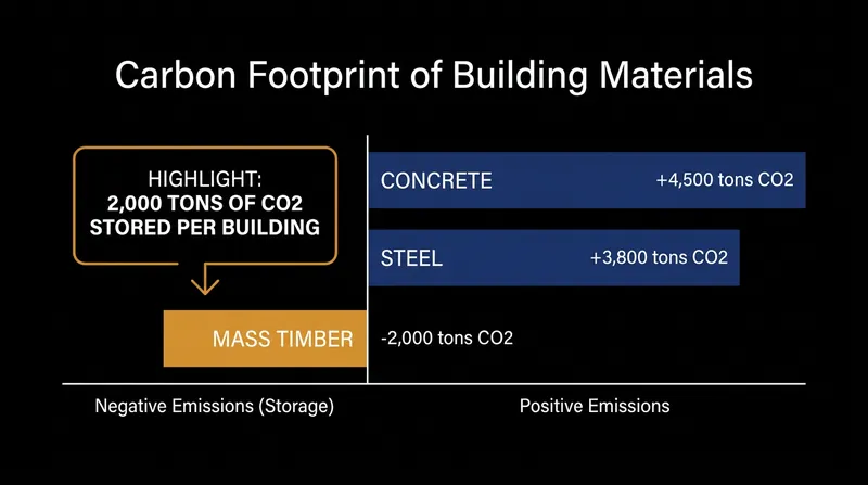 Unlike concrete and steel, mass timber acts as a carbon sink, locking away CO2 absorbed during the tree's growth.