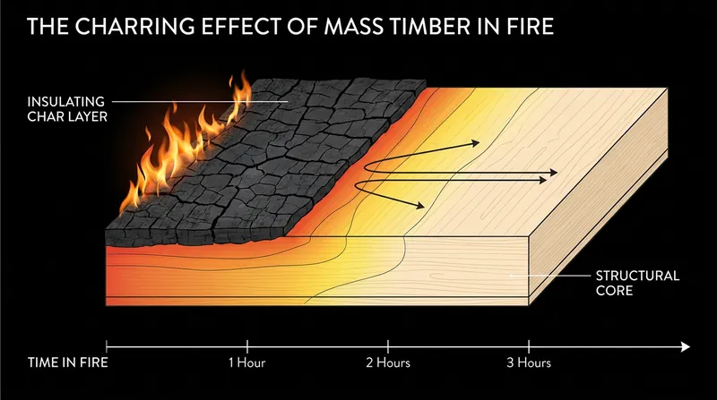 In a fire, the outer layer of a mass timber panel chars, creating a thermal barrier that protects the structural integrity of the core.