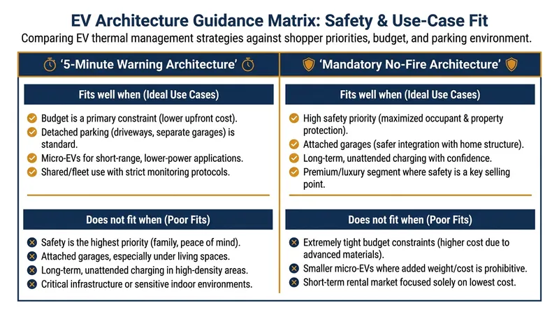 Choosing the right battery architecture depends heavily on budget, parking habits, and risk tolerance.