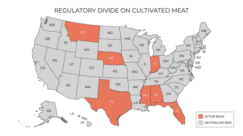 Seven U.S. states have enacted outright bans on the sale and distribution of cultivated meat, fracturing the domestic market.