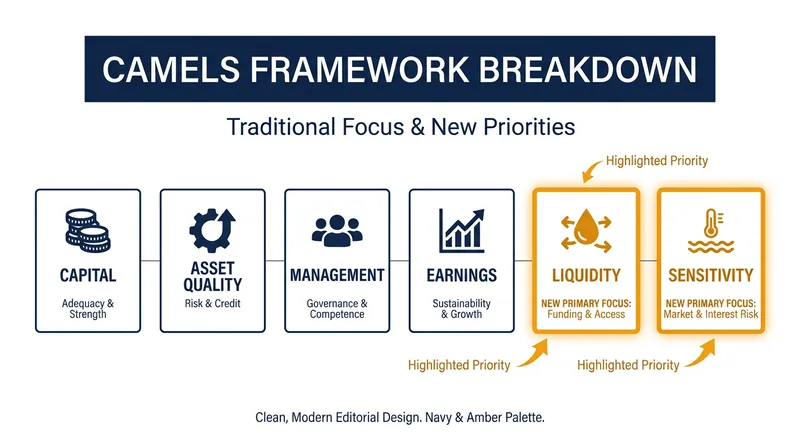 The CAMELS rating system evaluates banks across six core components.
