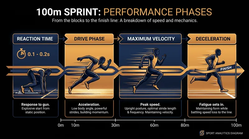 A 100m sprint is won by mastering distinct biomechanical phases.
