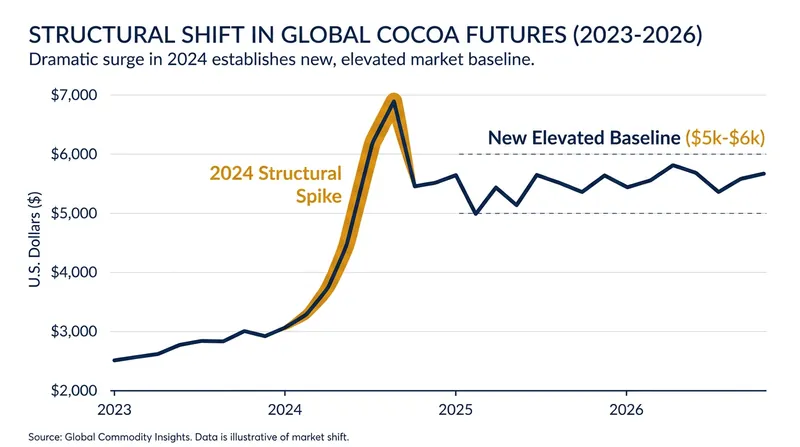 Cocoa futures have settled into a new, structurally elevated baseline in 2026.