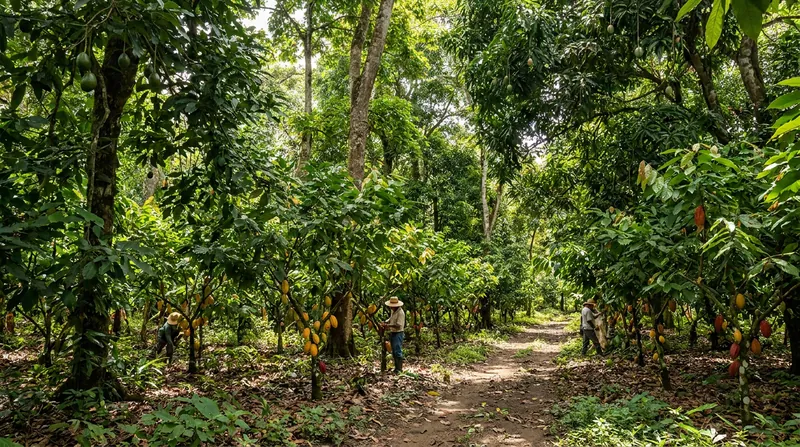 Agroforestry systems use native canopy trees to protect cacao from extreme weather.
