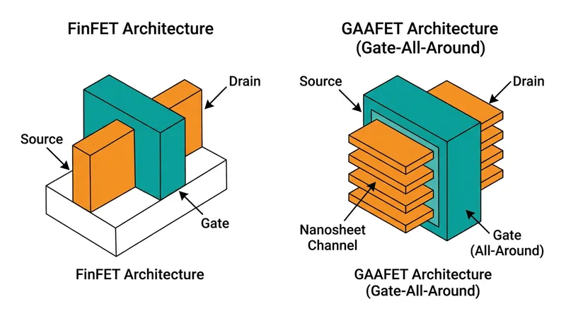 The shift to Gate-All-Around (GAAFET) architecture allows for better electrical control and less power leakage at microscopic scales.