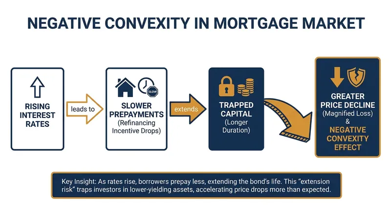 Negative convexity means investors' capital is trapped exactly when higher yields become available elsewhere.