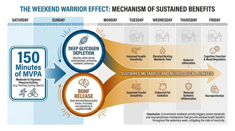 The physiological benefits of a massive weekend exercise dose, including insulin sensitivity and neuroplasticity, persist for days.