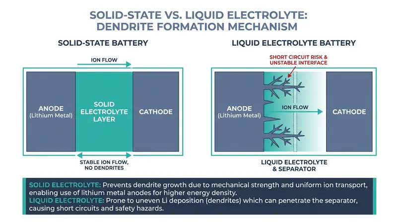 Solid-state batteries replace flammable liquid electrolytes with a rigid material, theoretically preventing dangerous dendrite growth.