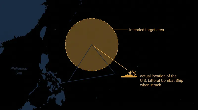 Map detailing the intended trajectory of the Japanese torpedo versus its actual path.