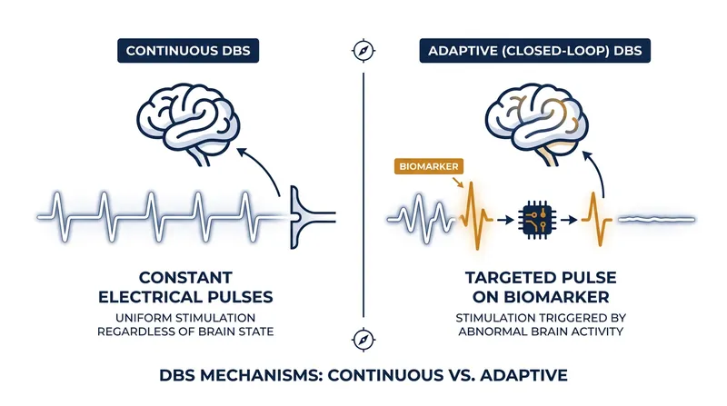 Unlike traditional continuous stimulation, adaptive DBS reads brain activity in real-time and only delivers electrical pulses when pathological signals are detected.