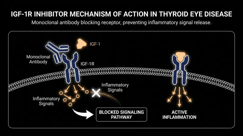 Lumvoa works by fully blocking the IGF-1R receptor, halting the inflammatory cascade that causes tissue expansion behind the eye.