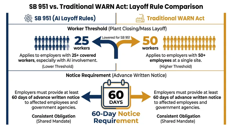 SB 951 significantly lowers the threshold for state intervention compared to traditional mass layoff laws.