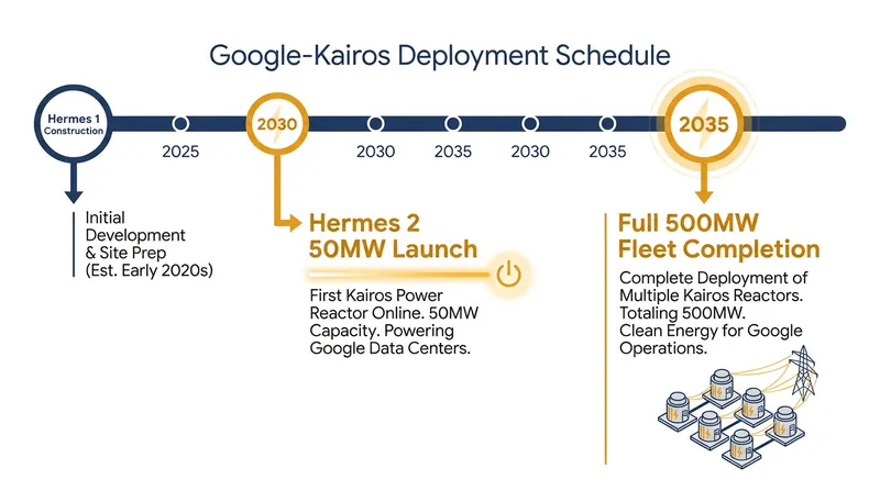 The iterative development timeline scales from a 50 MW demonstration plant to a full 500 MW commercial fleet by 2035.