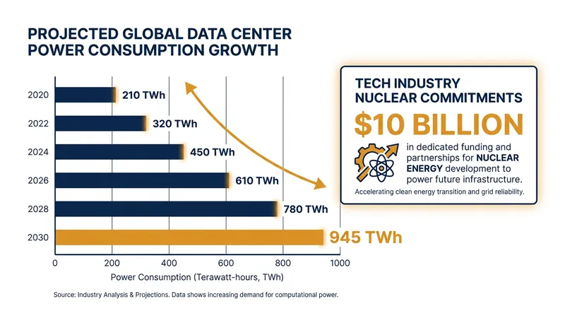 Data center energy demand is projected to reach 945 terawatt-hours by 2030, driving tech giants to invest heavily in nuclear power.