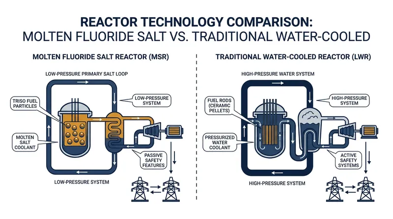 Unlike traditional reactors that require extreme pressure to keep water from boiling, molten salt reactors operate safely at near-atmospheric pressure.