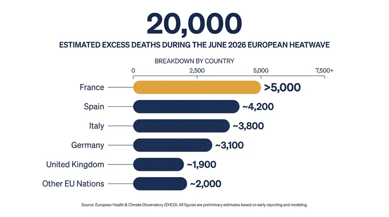 Preliminary epidemiological models estimate 20,000 excess deaths across Europe, with France suffering the highest concentrated casualties.