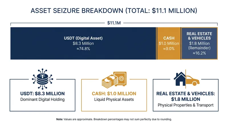 Breakdown of the $11.1 million in assets seized from the international hacking syndicate.