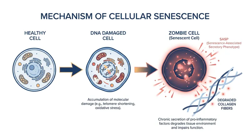 Senescent cells stop dividing but remain active, secreting a toxic cocktail (SASP) that breaks down surrounding collagen.