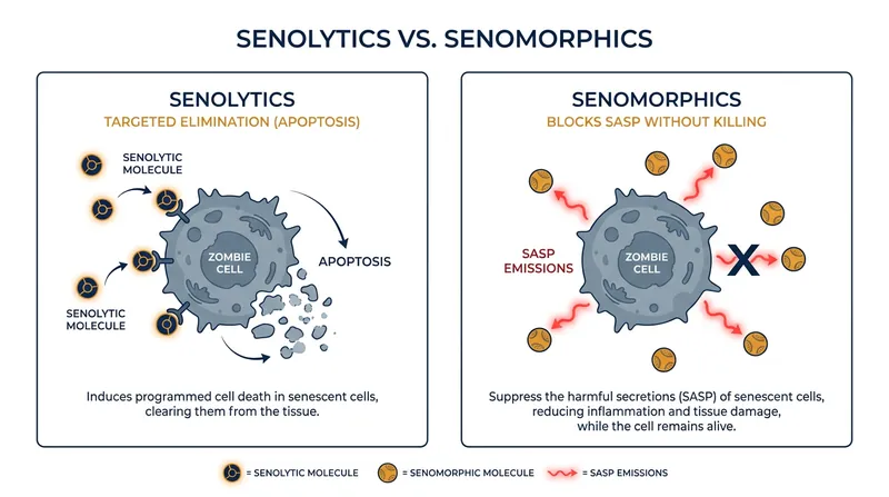 While senolytics actively induce cell death in damaged cells, senomorphics simply suppress their harmful inflammatory secretions.
