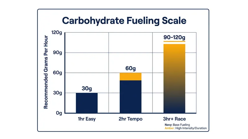 Carbohydrate intake must scale with exercise intensity; 120 grams per hour is strictly for high-intensity racing.
