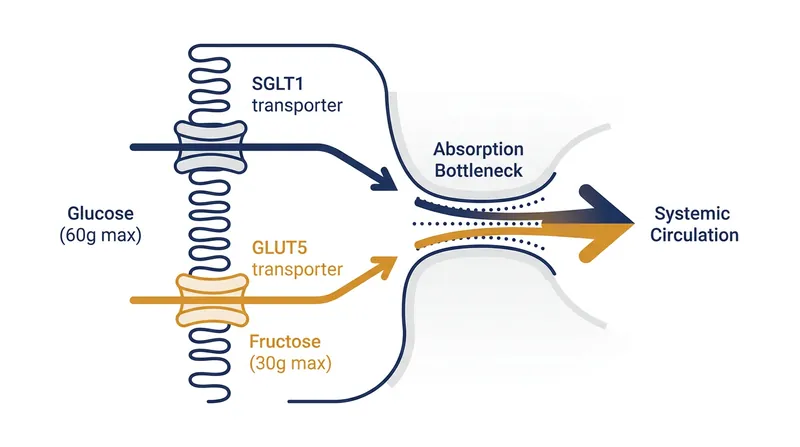 The traditional 90-gram ceiling was based on the combined absorption limits of the SGLT1 and GLUT5 intestinal transporters.