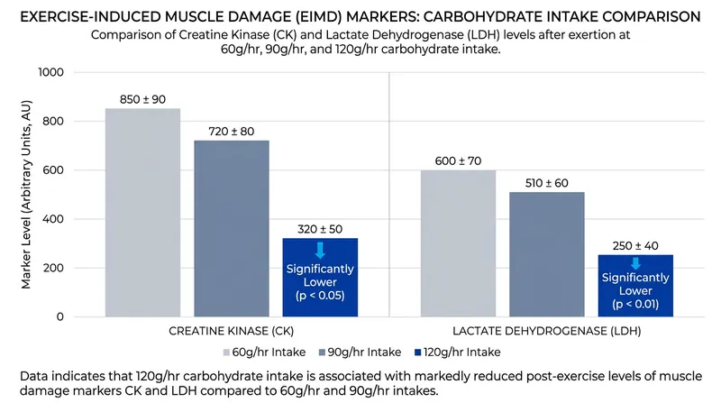Studies show that consuming 120 grams of carbohydrates per hour drastically reduces markers of muscle damage 24 hours after a race.