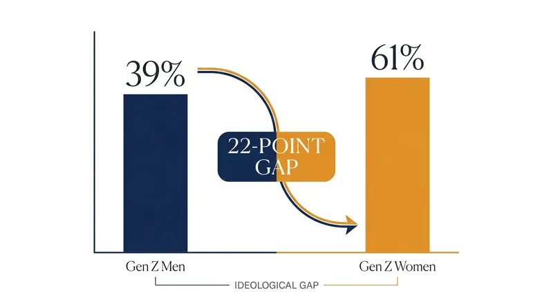 The 2026 data reveals a historic 22-point ideological gap between young men and young women regarding gender definitions.