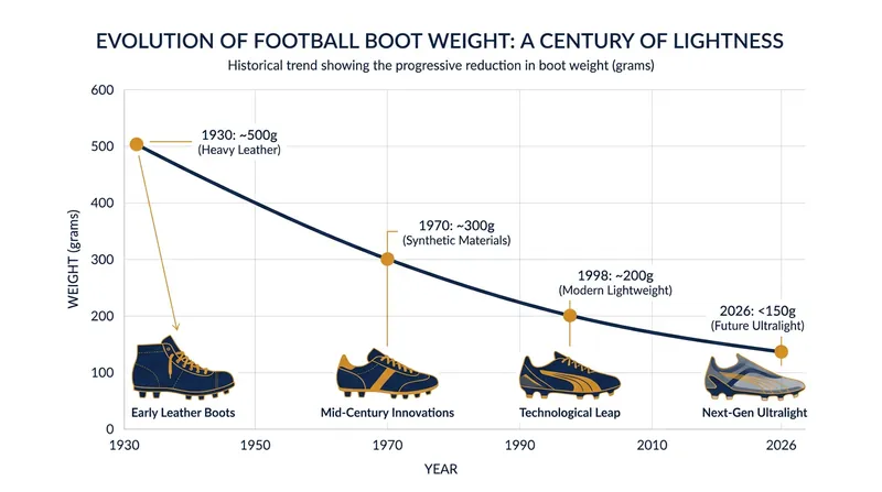 The relentless drive for speed has seen the average weight of a World Cup boot drop by more than 70% over the last century.