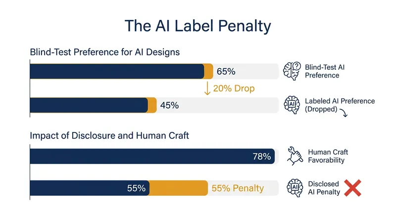 While AI often wins in blind quality tests, transparently labeling a product as AI-designed triggers a significant drop in consumer favorability.