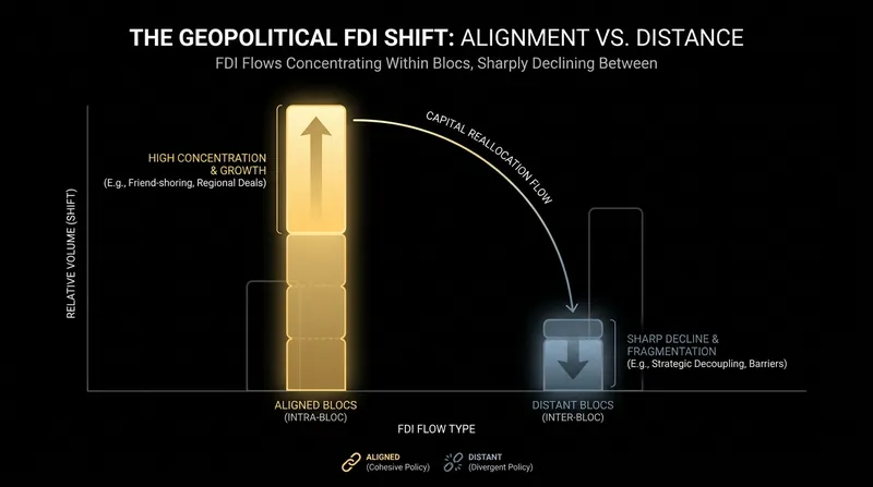 Foreign direct investment is increasingly restricted to geopolitical allies, a practice known as friend-shoring.