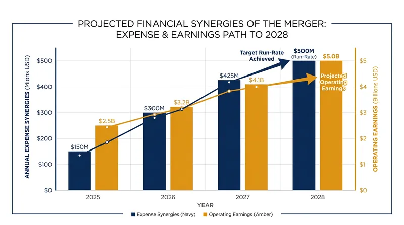 Executives target $500 million in annual expense synergies by the end of 2028.