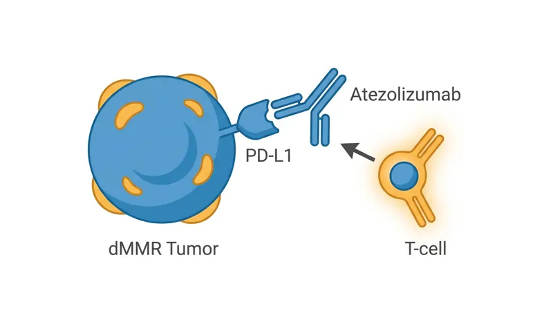Atezolizumab strips away the PD-L1 'invisibility cloak' used by dMMR tumors, allowing the immune system to attack.