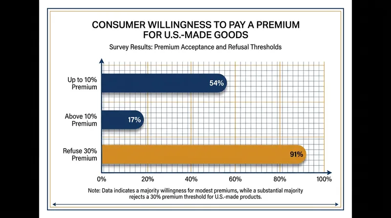 While consumers support domestic goods in theory, willingness to pay drops sharply as the price premium increases.