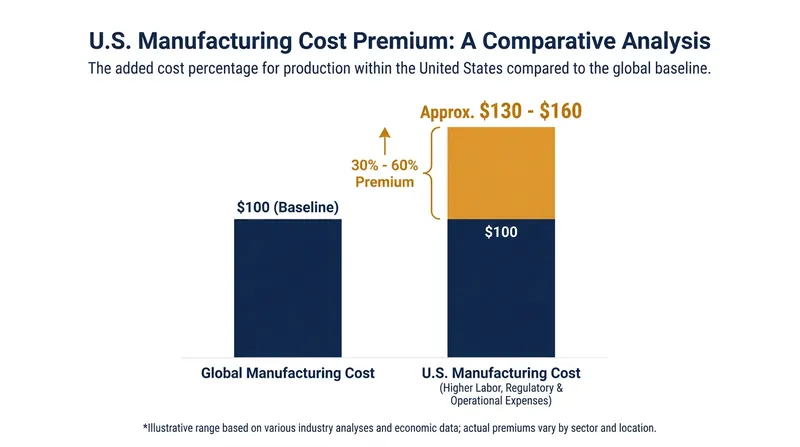 Domestic manufacturing often carries a 30% to 60% cost premium due to labor and compliance standards.