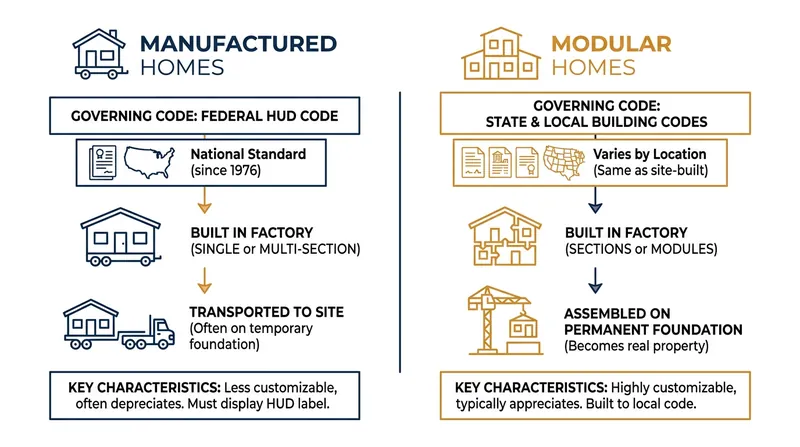 While both are built in factories, manufactured and modular homes are governed by entirely different regulatory frameworks.