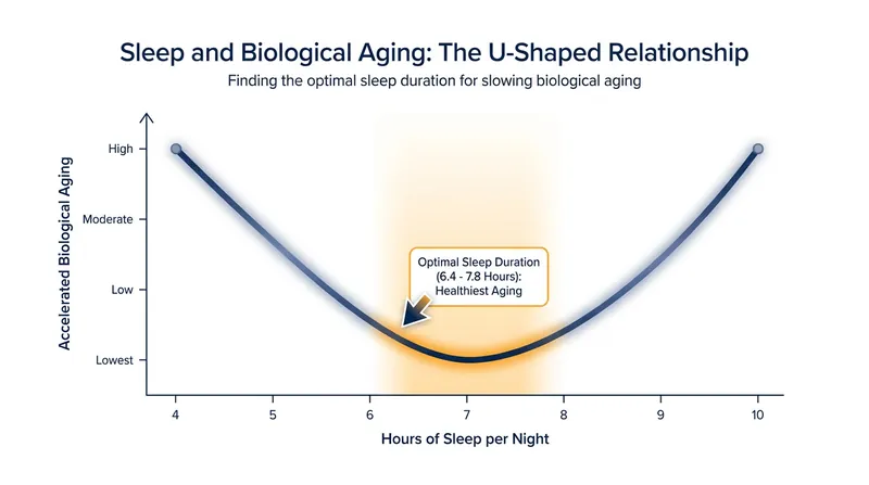 Biological aging accelerates when individuals consistently sleep less than 6.4 hours or more than 7.8 hours per night.