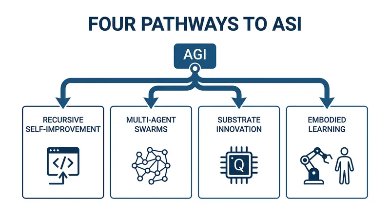 The four engineering pathways researchers believe will bridge the gap from AGI to Artificial Superintelligence.