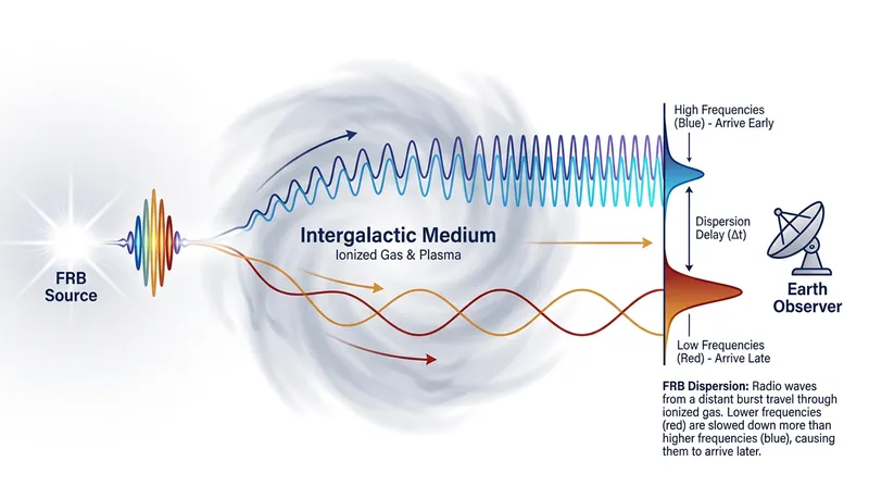 As radio waves pass through intergalactic gas, lower frequencies are slowed down more than higher frequencies—a delay astronomers use to 'weigh' the gas.