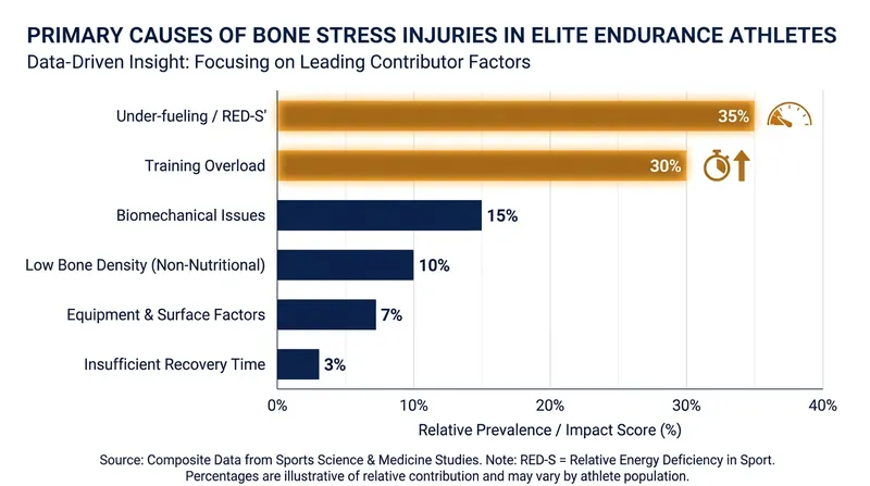 Under-fueling and training overload are the leading contributors to severe bone stress injuries in triathletes.