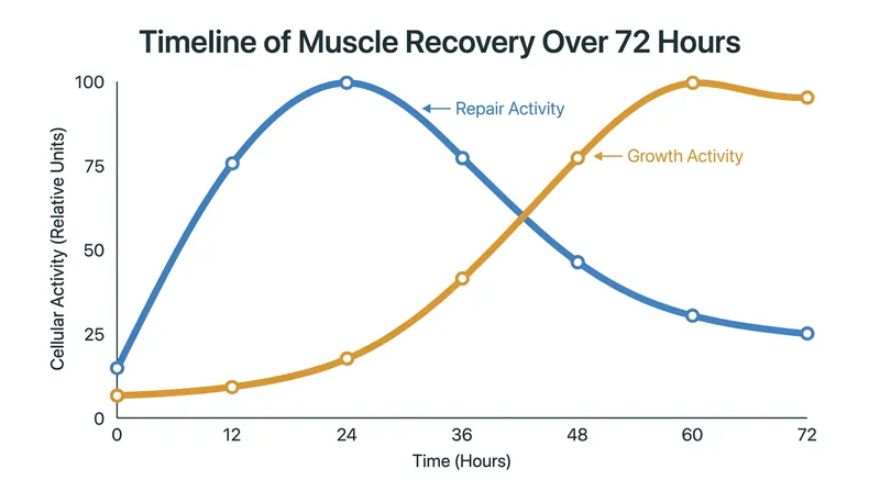 The transition from repair to growth typically occurs between 24 and 72 hours post-exercise.
